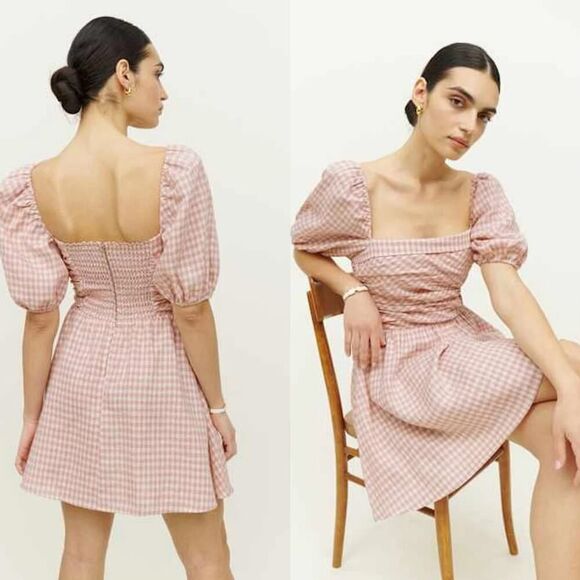 Reformation Zula Linen Dress pink check size US10 - Picture 2 of 11